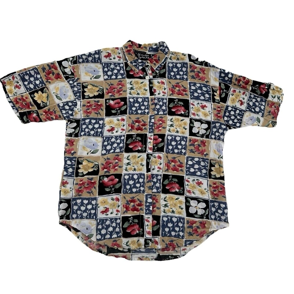 Lemon Grass Floral Patchwork Rayon Button Up Shirt Short Sleeve Vtg Womens M
